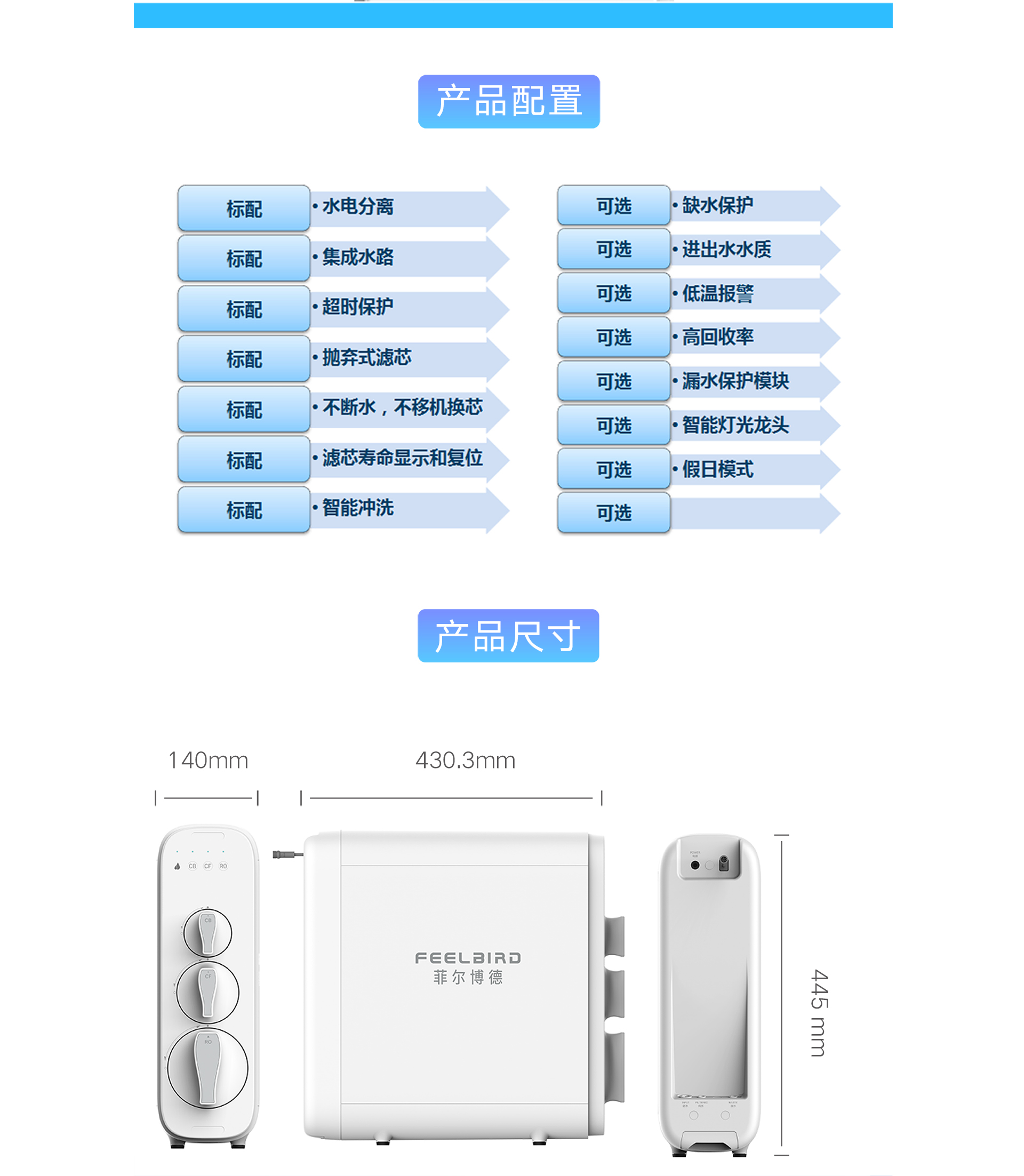 菲尔博德净水器-产品配置和产品尺寸